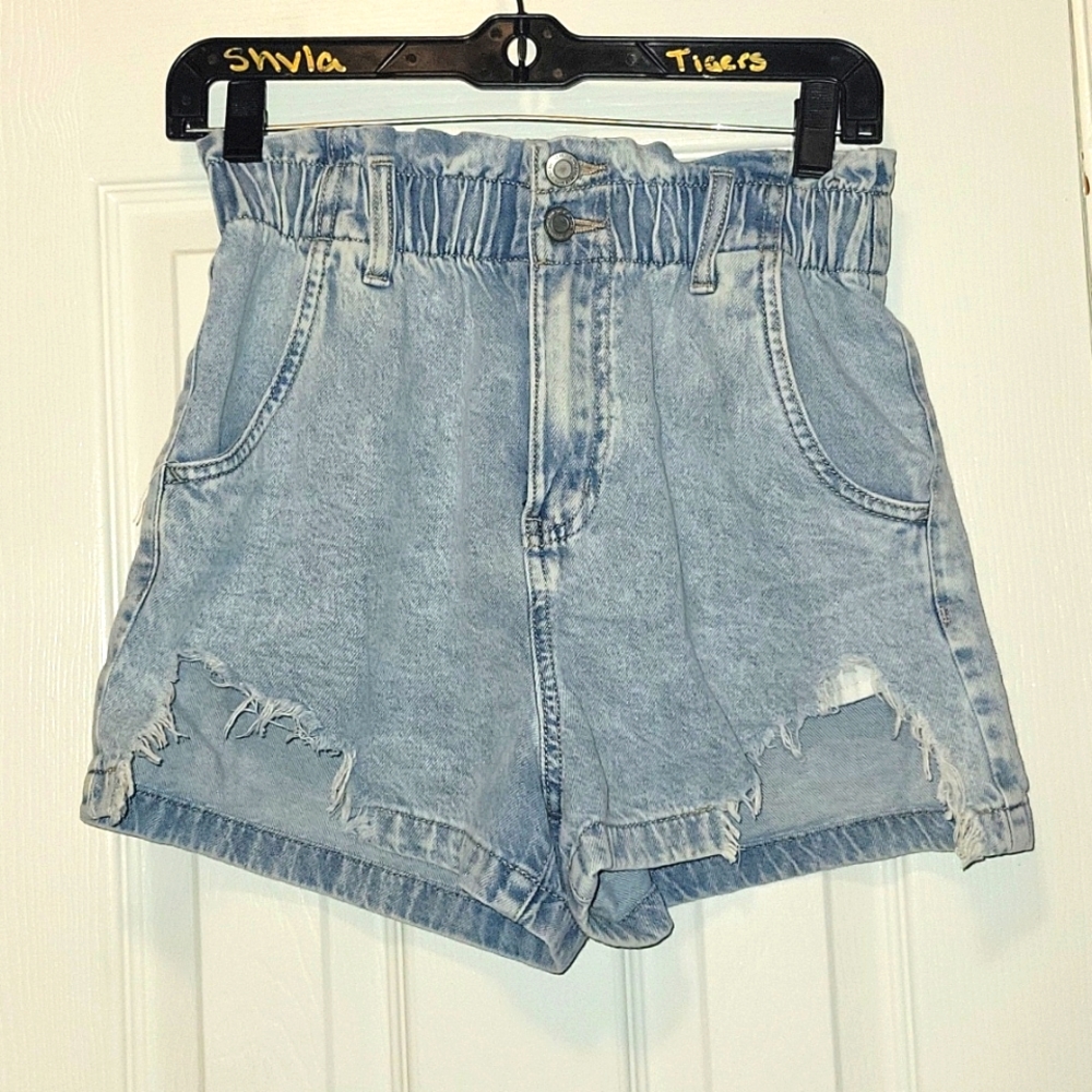 SO distressed high-waisted denim mom shorts